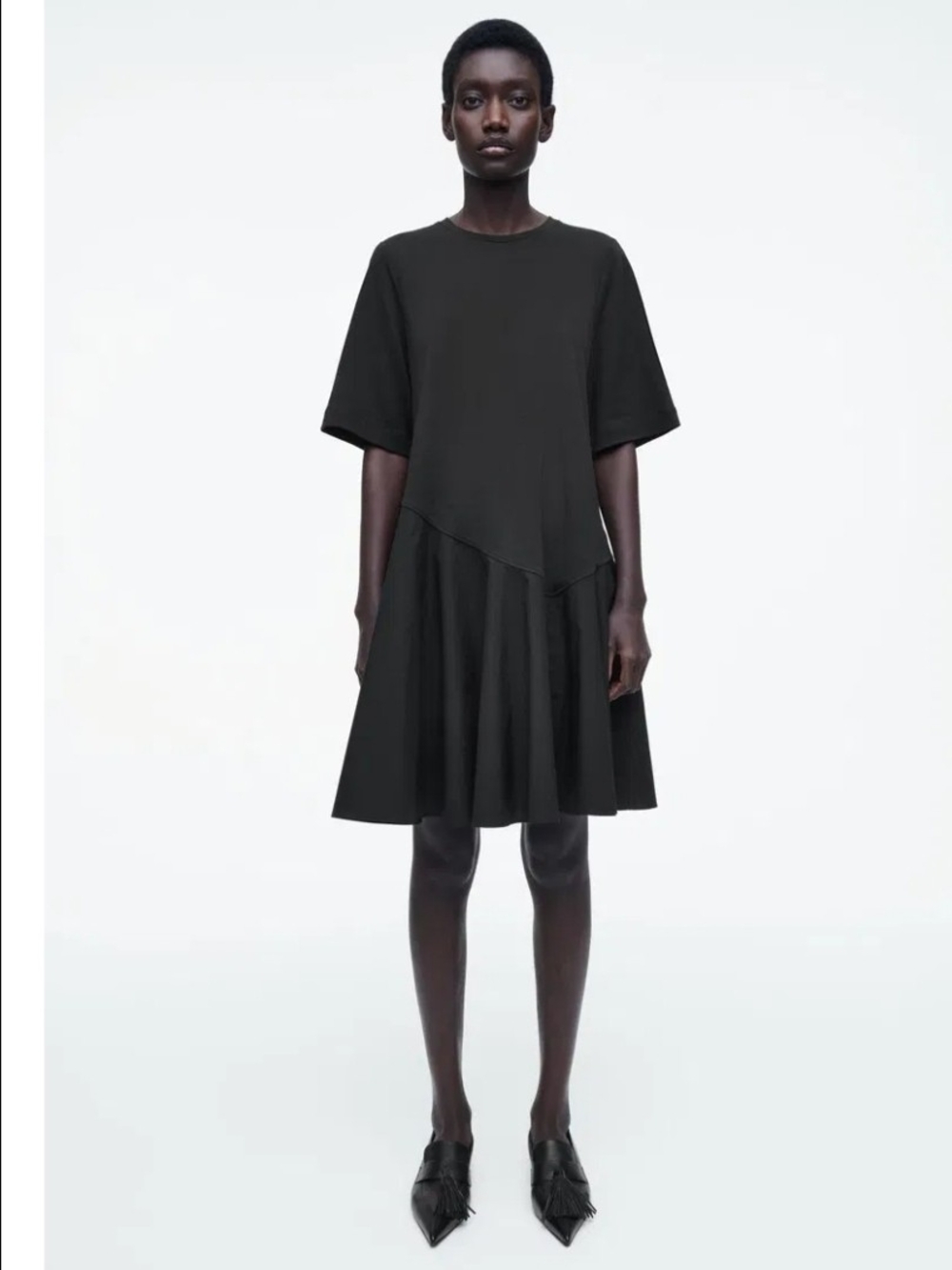 COS Asymmetric Mini TShirt Dress Black Short Sleeve Woven Poplin Hem Size Small